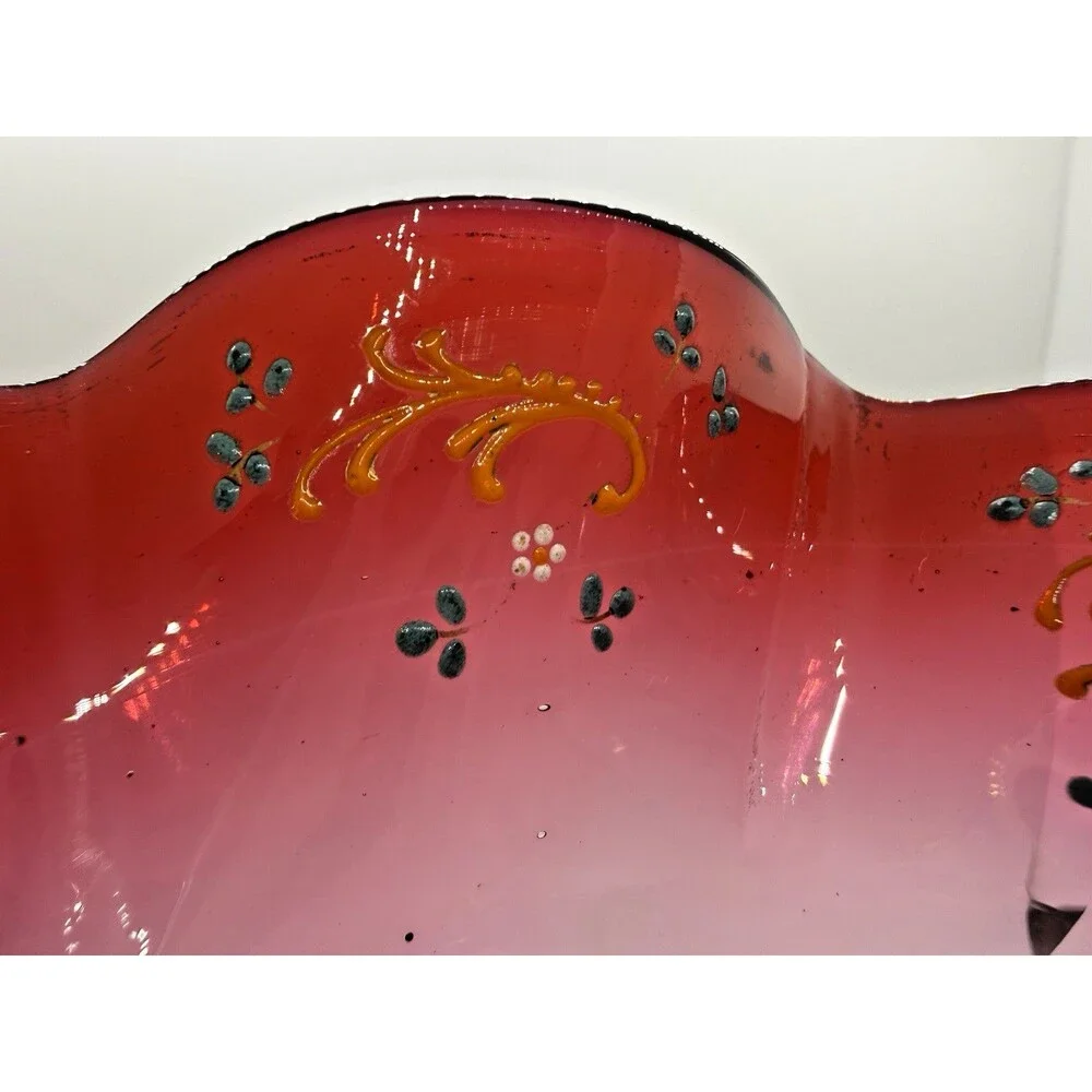 Vintage Murano Style Red Art Glass Bowl Hand Painted Gold Ruffled Rim Rare - Picture 5 of 11